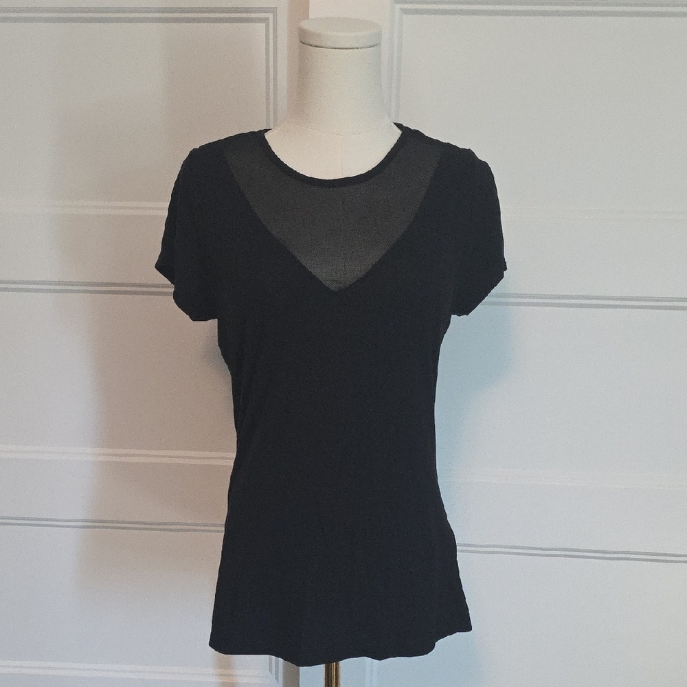 VENUS Black Sheer Neck Short Sleeve Tee